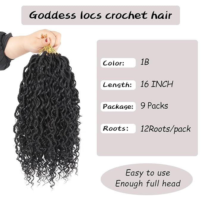 Goddess Locs Crochet Hair,Vemet 16 Inch 9 Packs Synthetic Faux Locs Crochet Hair for Black Women,River Locs Hair Extensions Boho Style Pre looped Faux Locs with Curly Ends
