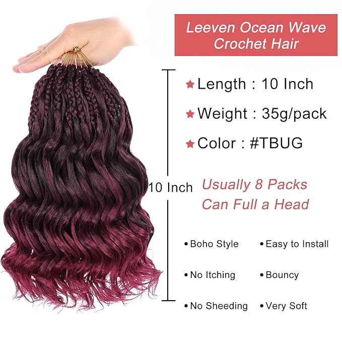 Leeven 10 Inch Pre Looped Curly Crochet Hair - 8 Packs Ombre Red Boho Ocean Wave - Burgundy Short Ocean Braids - Pre Twisted Synthetic Deep Wavy Crochet Hair for Women