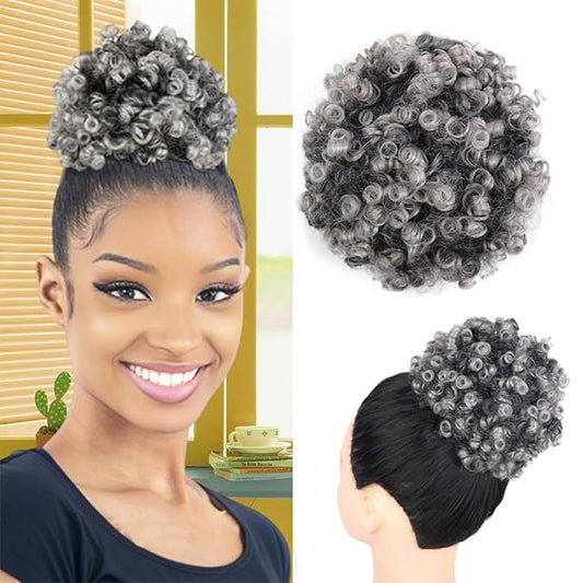 Afro Puff Ponytail for Black Women Culy Wavy Short Drawstring Ponytail Hair Extension Synthetic Mini Afro Bun(Dark Gray#)