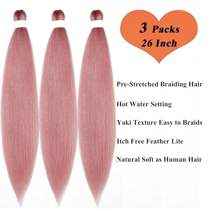 Pre Stretched Braiding Hair Kanekalo Rose Gold Pink Braiding Hair Pre Stretched Colored Hair Extensions for Braiding Box Braids Crochet Hair Knotless Prestretched Braiding Hair 26 inch