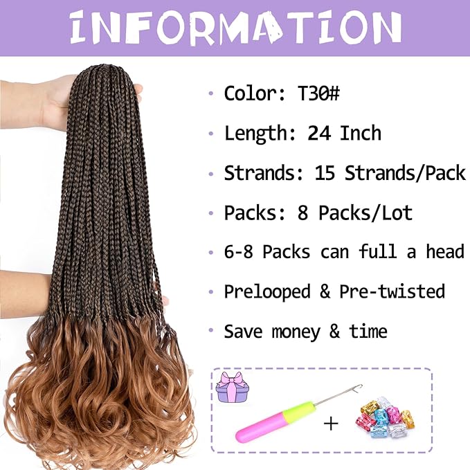 Curly Crochet Hair 24 Inch Goddess Box Braids Crochet Hair Pre Looped French Curl Crochet Braid French Curly Braiding Hair for Women 8 Packs Crochet French Curl Braids Hair Extension (1B/30)