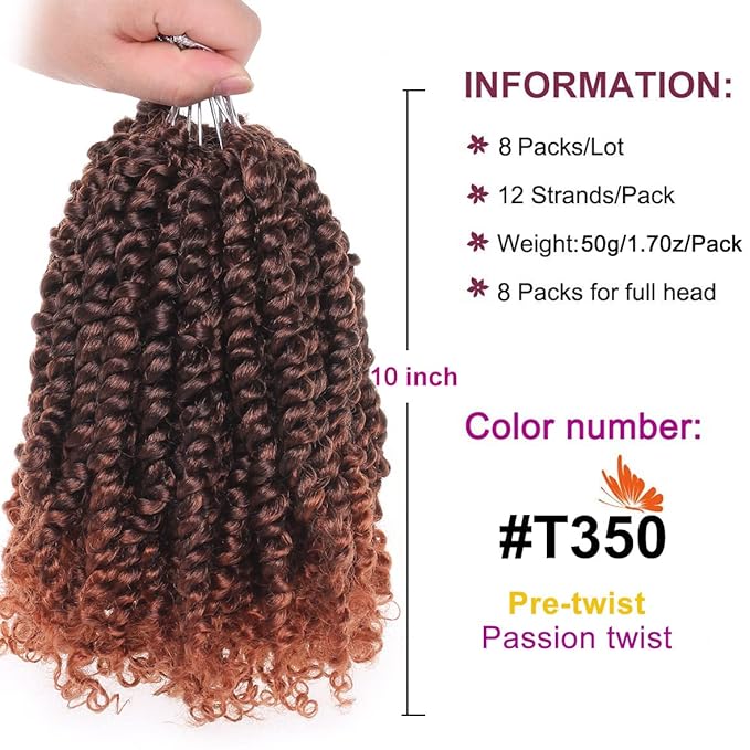 ZRQ Short 8 Packs Pre-twisted Bob Passion Twist Crochet Hair with Curly Ends 10 Inch Pre looped Ombre Copper Red Passion Twists Hair 12 Roots/Pack Synthetic Crochet Braids Hair for Women T350#
