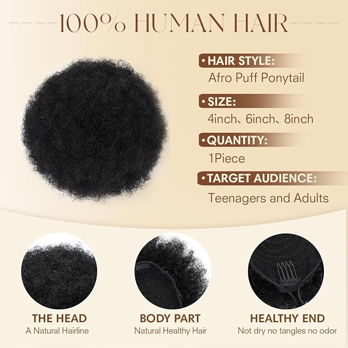 Afro Puff Drawstring Ponytail for Black Women 4 Inch 100% Human Hair #1 Black Durable Natural Soft and Smooth Afro Kinky Curly Hair Hairpieces for Women