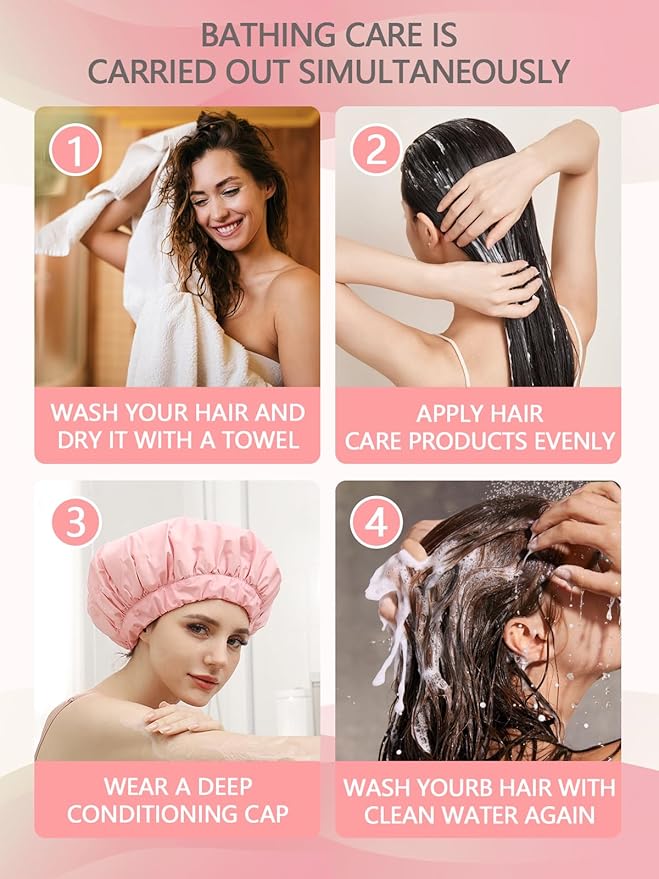 Years calm Heat Cap For Deep Conditioning Shower Cap，Reusable Three-Layer Structure Waterproof Hair Cap – Applicable Tofor Bathing, Hair Care, And Other Uses (Pink, One Size)