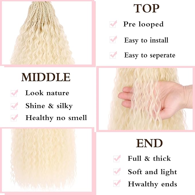 Xtrend 24 Inch Pre looped Brazilian Braids Curly Crochet Hair 8 Packs Water Wave Crochet Hair Afro Kinky Curly Blond Braiding Hair Deep Wave Synthetic Mini Boho Braids For Women(30 Strands/Pack，613#)