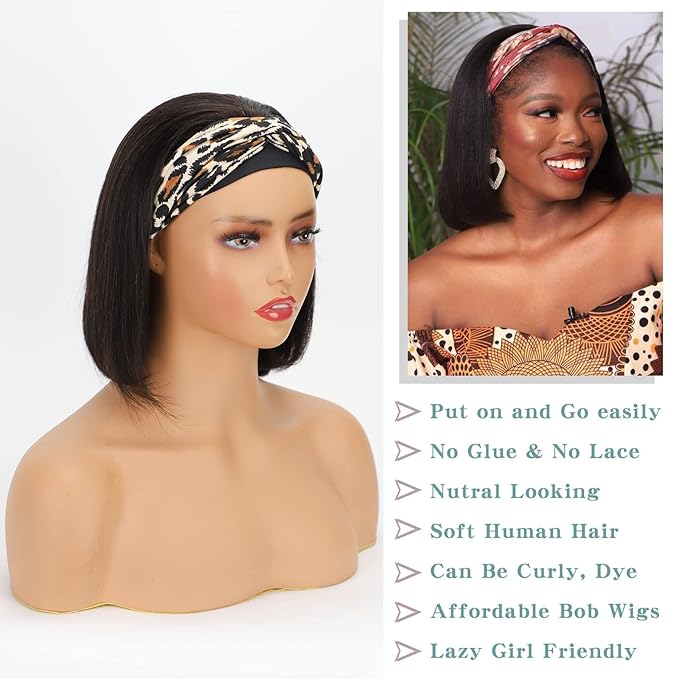 AISI QUEENS Headband Wig Human Hair For Black Women Bob Wigs Glueless Human Hair Short Headband Wigs (10 Inch)