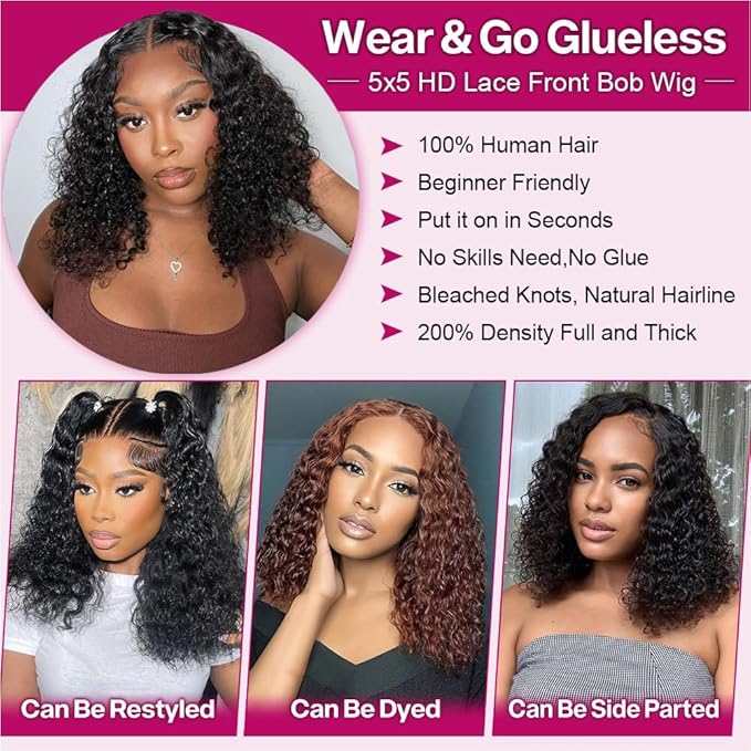 Curly Bob Wig Human Hair Deep Wave Glueless Wigs Human Hair Pre Plucked Pre Cut 5x5 Wear And Go Glueless HD Lace Closure Wigs Human Hair For Black Women 200% Density Black Color 14 Inch