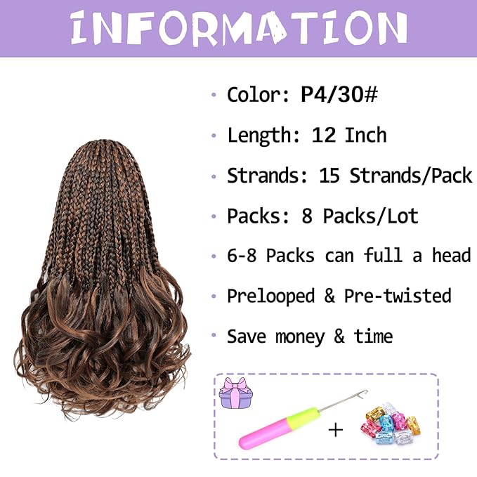 French Curly Braiding Hair Pre looped 12 Inch 8 Packs Short Crochet Hair for Women Dark Brown mix Brown Crochet Box Braids with Curly Ends Synthetic Hair Extensions P4/30#