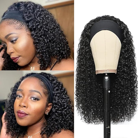 Headband Wig Human Hair For Black Women 14 Inch Wet And Wavy Head Band Wigs Human Hair No Lace Deep Curly Headband Wigs Natural Black Color