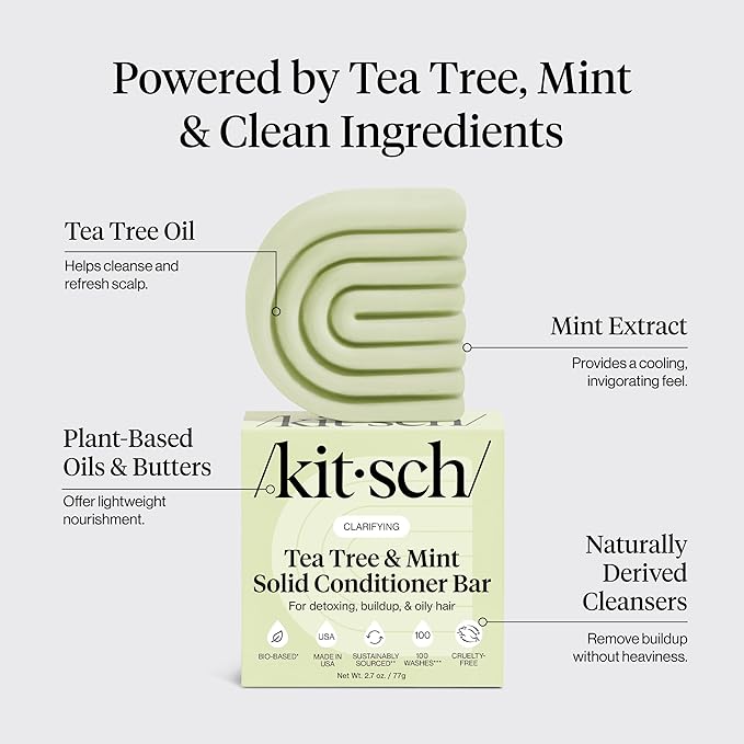 Kitsch Clarifying Tea Tree & Mint Conditioner Bar - Hair Conditioner for Scalp & Oil Control - Vegan Conditioner for Women and Men, Color-Safe, Sustainable Hair Care - Made in USA, 2.7 oz