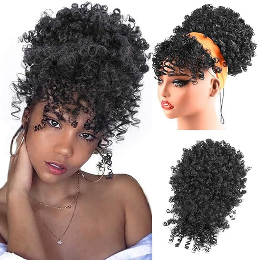 Drawstring Ponytail for Black Women, Afro Puff Kinky Curly Hair Ponytail Extension with Bangs Updo Natural Hair Ponytail