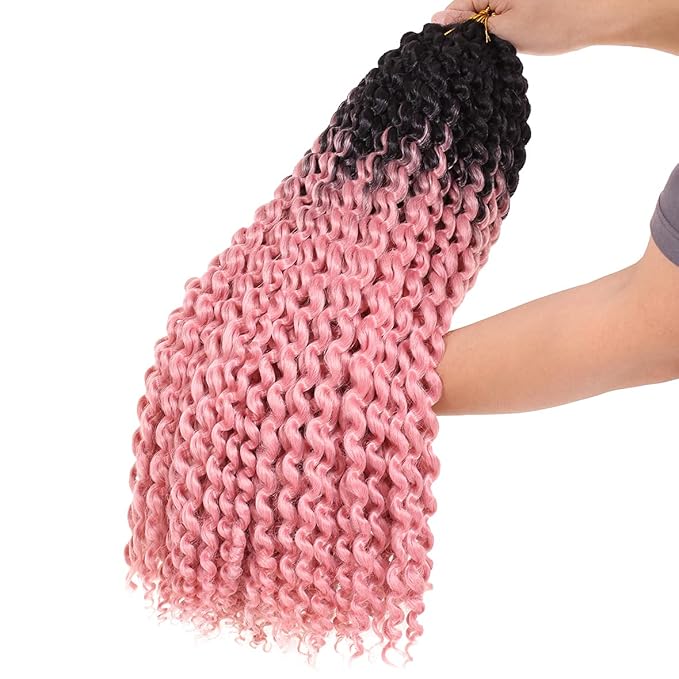 Leeven 18 Inch Water Wave Crochet Hair 2 Packs Curly Passion Twist Hair Ombre Pink Synthetic Bohemian Braiding Hair for Boho Locs Butterfly locs Crochet Braids Hair Extensions 22#