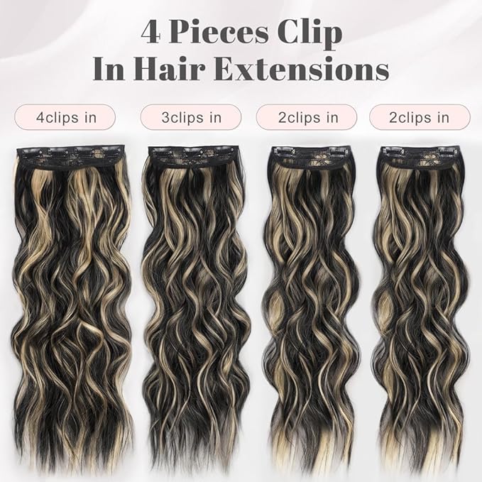 ALXNAN Clip in Hair Extensions for Women, Black Mix Blonde Long Wavy Hair Extensions Clip Ins 4PCS 20 Inch Synthetic Soft and Natural Thick Hair Pieces for Women