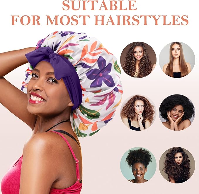 3Pcs Bonnets for Sleeping, Extra Satin Silk Bonnet for Sleeping Women with Tie Band for Curly Hair Jumbo Bonnet Braids