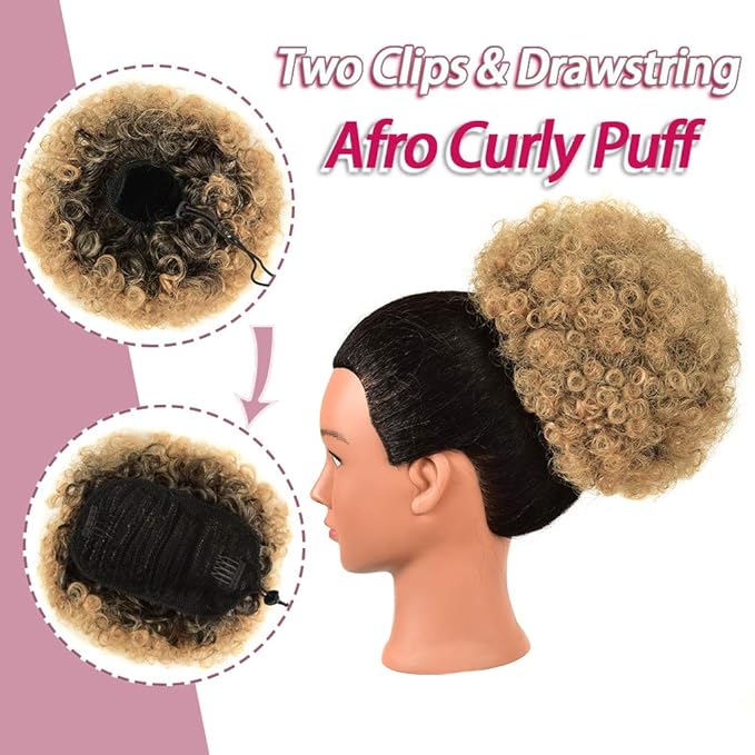 rosmile Afro Puff Drawstring Ponytail Extension for Black Women, Premium Ombre Brown T1B/27# 80gram Short Synthetic Afro Puff Ponytail for Natural Hair, Clip On Kinky Drawstring Curly Ponytail Bun