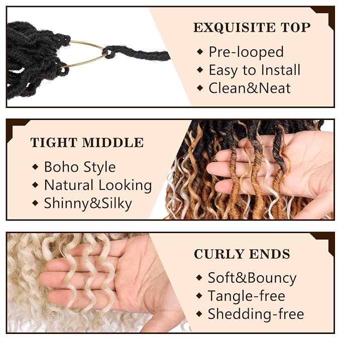 COOKOO 18 Inch 8 PCS Pre Curled Goddess Faux Locs Crochet Hair with Curly Ends 14 Strands/Pack Bohemian Curly Crochet River Locs Braids Hair for Black Women Hippie Locs Crochet Braids Hair 1B/27/613#