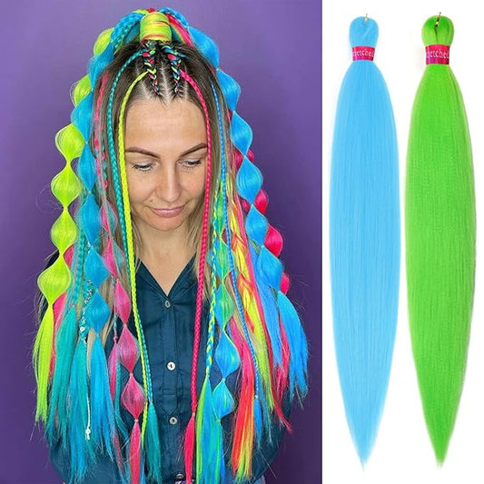 L.Blue+L.Green Braiding Hair Pre Stretched 2 Packs Box Braids Hair Extensions 26 Inches Synthetic Pre Stretched Braiding Hair