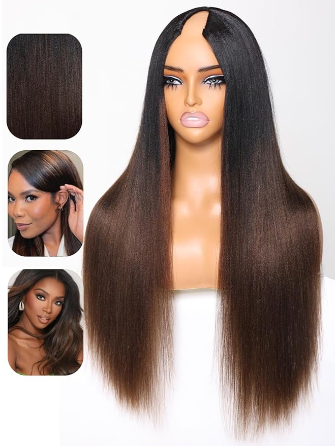 Julia Hair V Part Yaki Glueless Human Hair Wig Seamless Edge Clip in Half Wig Vpart Wigs No Sew in No Glue Ombre Chestnut Brown Upgrade U Part No Leave Out Beginner Friendly 18 Inch