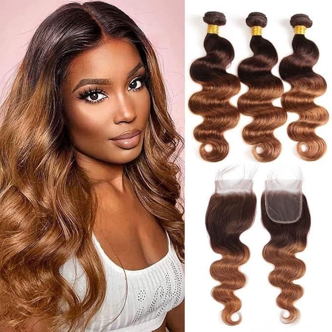 Ombre Color Body Wave Human Hair Bundles With Closure (T4/30, 20 22 24+18) 2 Tone Ombre 3 Bundles With 4x4 Lace Closure 100% Unprocessed Brazilian Virgin Hair Body Wave Human Hair Bundles With Closure