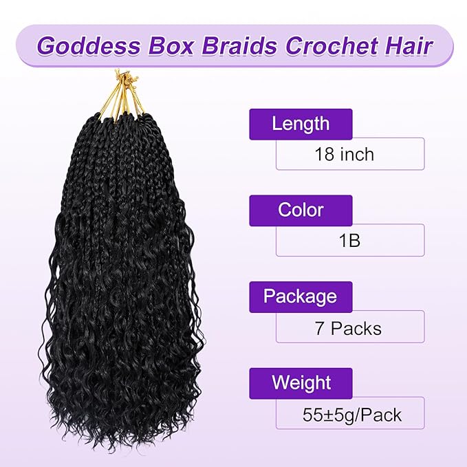 Eacia Goddess Box Braids Crochet Hair 18 Inch 7 Packs Pre looped Boho Braids Crochet Hair Bohemian Box Braid with Curly Ends for Women(18 Inch, 1B#)
