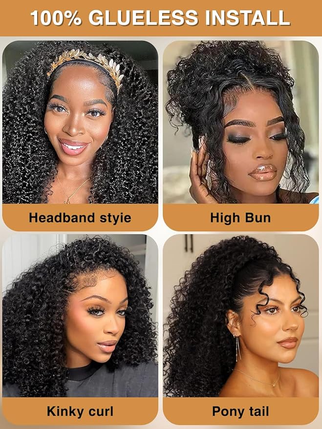 Kinky Curly Half Wig Human Hair Upgrade 4C Edge Hairline 200% Density Wear Go Glueless 3 In 1 Drawstring Seamless Flip Over Wig for Women Daily Wear Headband Wig Beginner Friendly (14 inch)