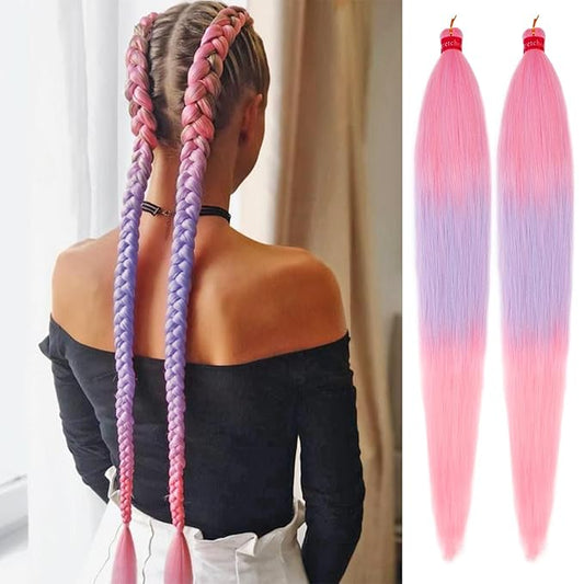 Ombre Pink-Baby Blue Braiding Hair Extension, 28 Inches Pre Stretched Braiding Hair for hair Braids,2 Packs Yaki Texture Synthetic Braid Hair