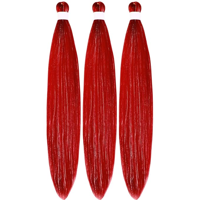 Red Braiding Hair with Tinsel Pre Stretched Braiding Hair Pre Feathered Hair Extensions Yaki Texture Glitter Braids