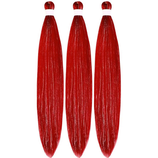 Red Braiding Hair with Tinsel Pre Stretched Braiding Hair Pre Feathered Hair Extensions Yaki Texture Glitter Braids