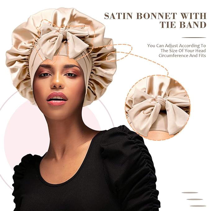 Satin Hair Bonnet with Wide Band Silk Sleeping Bonnets Hair Wrap for Women Girls Night Cap with Tie Band Satin Bonnet (Light Champagne)