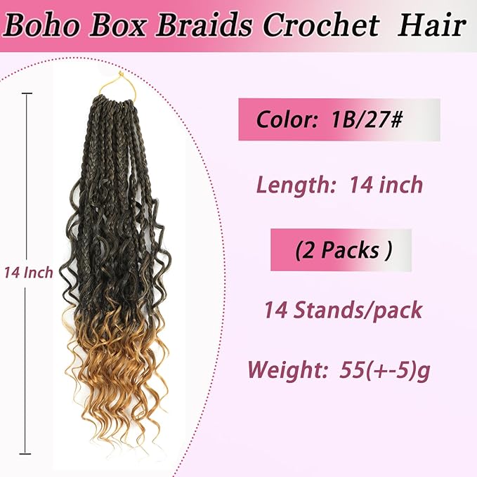 14 Inch Boho Box Braids Crochet Braids Hair-2 Packs Crochet Box Braids Hair Bohomian Box Braid Crochet Hair Synthetic Braiding Hair Goddess Box Braids Crochet Hair for Black Women (1B/27)