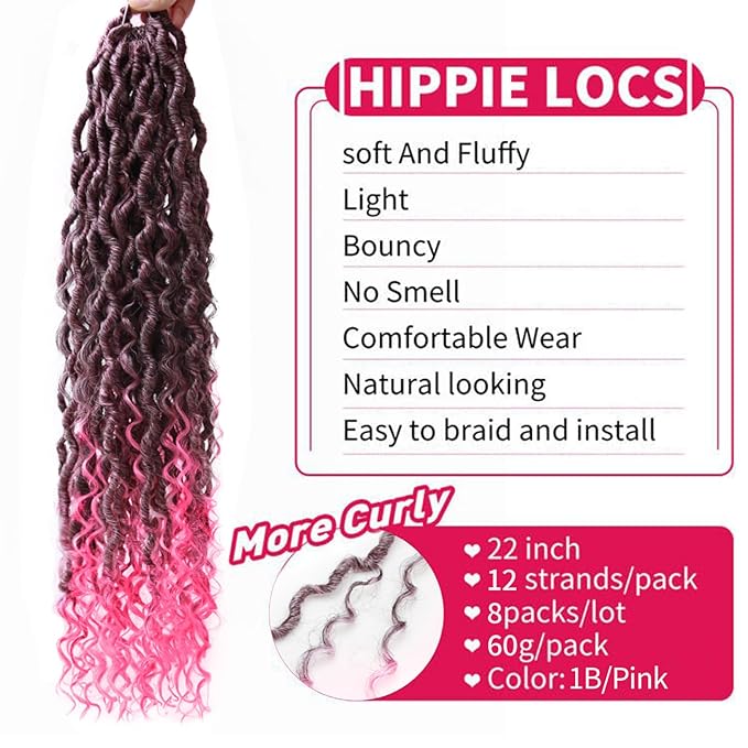 8Packs Goddess Locs Crochet Hair 22Inch Crochet Locs,Boho Faux Loc With Curly Ends River Hippie Bohemian Loc Crochet Hair for Black Women(1B/Pink, 22inch(Pack of 8))