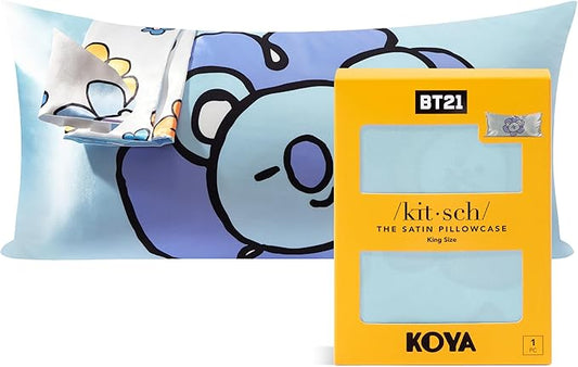 Kitsch x BT21 Satin Pillowcase with Zipper – Better Than Silk Pillowcase, Koya Character & Funky Floral Print – Soft Cooling Toddler Bed Time Pillow Case for Hair & Skin – King Size 19x36