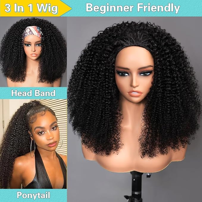 Kinky Curly Half Wig Human Hair 200% Density Wear Go Glueless Wigs 3 In 1 Seamless Flip Wig 20 Inch Half Wigs for Black Women Invisible Hairline Beginner Friendly