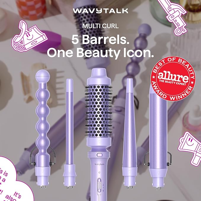 Wavytalk 5 in 1 Curling Iron,Curling Wand Set with Curling Brush and 4 Interchangeable Ceramic Curling Wand(0.5”-1.25”),Instant Heat Up,Include Heat Protective Glove & 2 Clips (Purple)