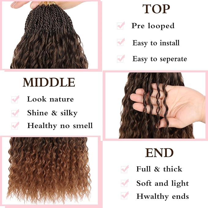 Xtrend 8 Packs Ombre Brown Brazilian Braids Curly Crochet Hair 14 Inch Pre Looped Micro Curly Crochet Hair Extensions Water Wave Synthetic Deep Wave Crochet Hair For Black Women(30Strands/Pack，T30#)