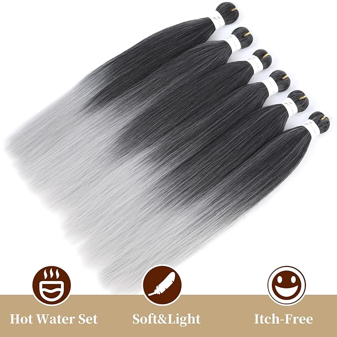 Ombre Braiding Hair 24 Inch Pre Stretched Braiding Hair Professional Hair Extensions 6 Packs Ombre Black to Gray Synthetic Crochet Hair Braids Yaki Texture Hair Braiding(24Inch,1B/Silver#)