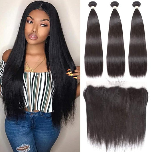 3 Bundles with Lace Frontal Straight Virgin Hair Weave 13x4 Ear to Ear Frontal Lace Closure with Baby Hair 9A Unprocessed Human Hair Extension (26 26 26+20Frontal)