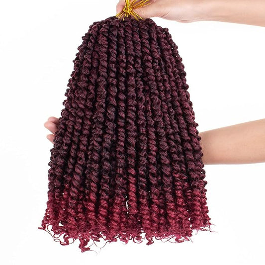 Leeven 12 Inch Pretwisted Passion Twist Hair 8 Packs Ombre Burgundy Pre Looped Red Water Wave Crochet Hair Short Curly Bohemian Braids Synthetic Hair Extensions for Black Women (12Strands/Pack #TBUG)
