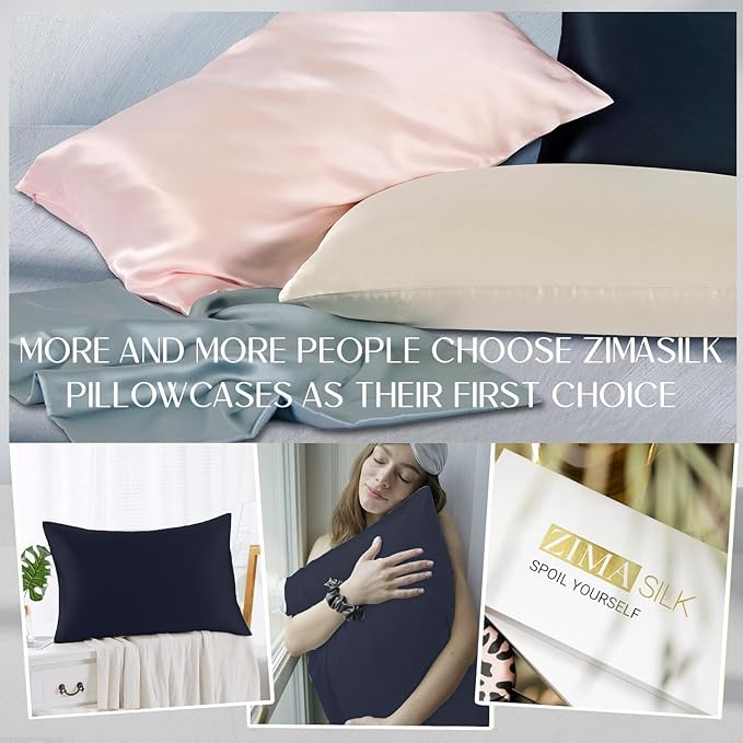 ZIMASILK 100% Pure Mulberry Silk Pillowcase for Hair and Skin Health,Soft and Smooth,Both Sides Premium Grade 6A Silk,600 Thread Count,with Hidden Zipper,1pc (King 20''x36'',Navy Blue)