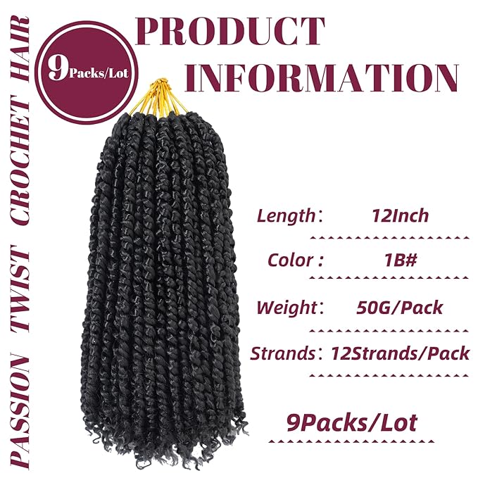 9 Packs Pre-Twisted Passion Twist Crochet Hair,10 Inch Natural Black Crochet Twists Pre Looped Short Passion Twist Crochet Braiding Hair Extensions for Women(12 Inch,1B#)