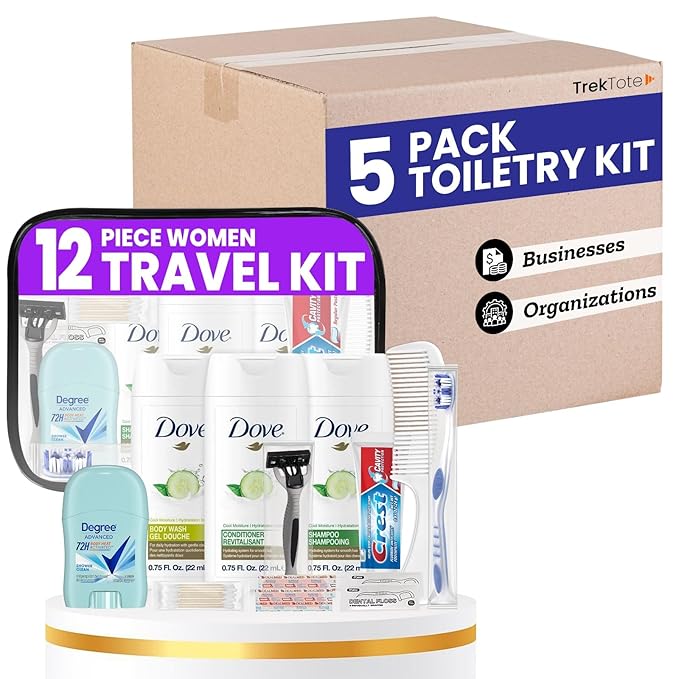 Trektote Travel Toiletry Kit For Women – (5 Pack) 12 Piece Set Of Travel Size Toiletries, TSA Compliant, Travel Essentials, Includes Shampoo And Conditioner, Body Wash, Toiletry Bag & More