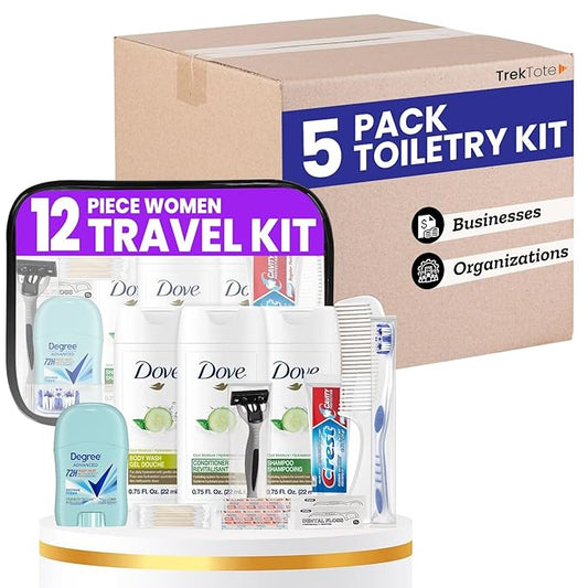 Trektote Travel Toiletry Kit For Women – (5 Pack) 12 Piece Set Of Travel Size Toiletries, TSA Compliant, Travel Essentials, Includes Shampoo And Conditioner, Body Wash, Toiletry Bag & More