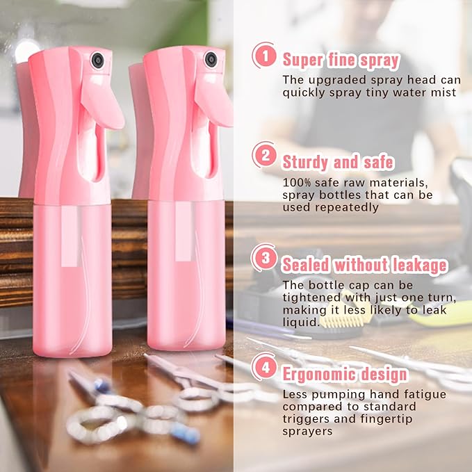 Spray bottles, Spray Water Bottle Fine Mist Refillable, Continuous Spray Bottle for Hair, Skin Care, Planting, Showering Pets, Travel, Cleaning & Home (Pink)