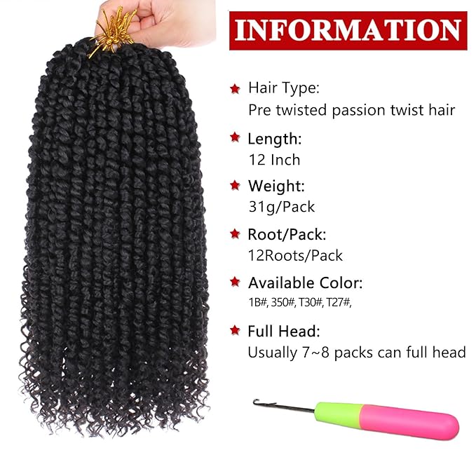 Xtrend 8 Packs Pre-twisted Passion Twist Crochet Hair 12 Inch Natural Black Pre-looped Crochet Braids Hair For Women Bohemian Synthetic Passion Braiding Hair Extension (8packs, 1B#)