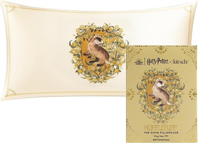 Kitsch x Harry Potter Hufflepuff Satin Pillowcase with Zipper – Double-Sided Crest Design – Better Than Silk Pillowcase – Perfect for Kids Rooms & Toddler Bed Time Pillow Case – King Size 19x36