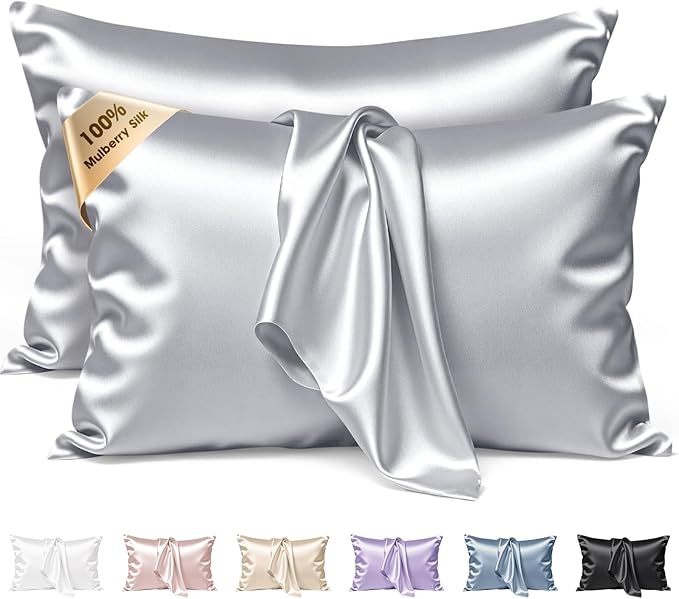 Silk Pillow Cases 2 Pack Queen Size Mulberry Silk Pillowcase Set of 2 for Hair and Skin 30 x 20 Inches 22 Momme Both Side Grade 6A Silk Soft Breathable Cooling with Hidden Zipper, Grey