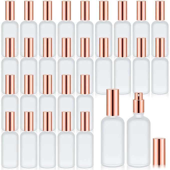 Roshtia 30 Pcs 3.4 oz/ 100 ml Rose Gold Glass Spray Bottle Refillable Perfume Atomizer Clear Decorative Empty Bottles with Fine Mist Sprayer Pump for Face Body Travel