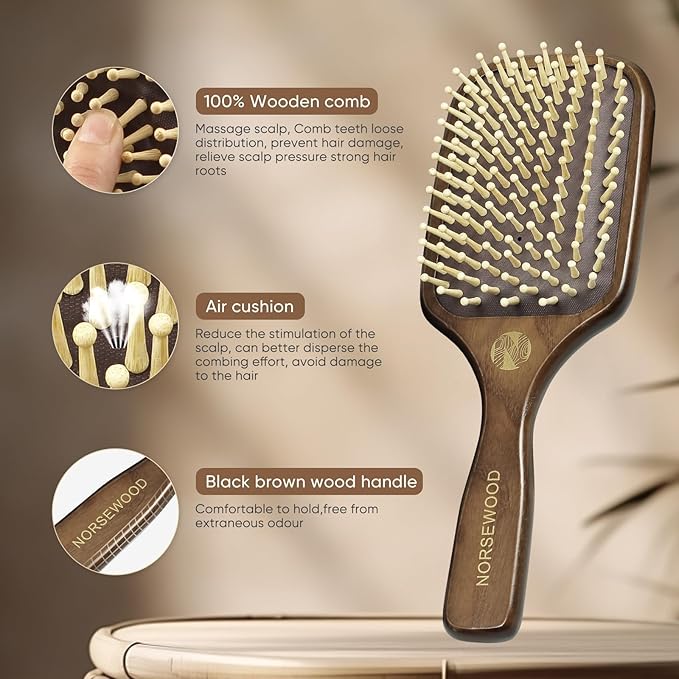 100% Natural Wood Hairbrush for Massaging Scalp,for Most Hair Types, Wooden Bristle for Reducing Damage, Scalp Massager Perfect for Women, Men & Kids