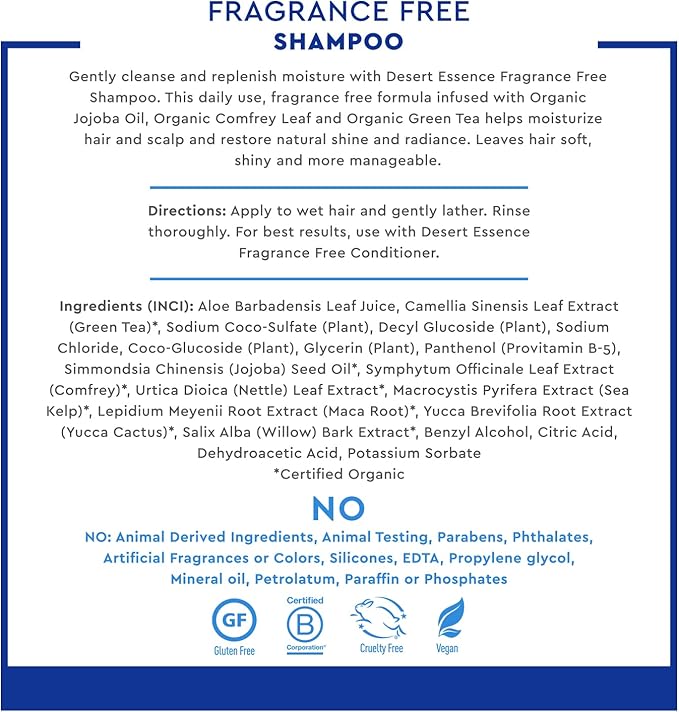 Desert Essence Fragrance Free Shampoo – 8 fl oz – Unscented Gentle Cleanser with Jojoba Oil, Green Tea & Comfrey – Softens & Strengthens Hair, Adds Shine – For Sensitive Scalps
