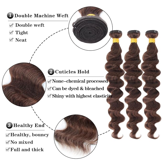 Brown Bundles Human Hair Loose Wave Human Hair 3 Bundles (#4, 18 20 22) 12A 100% Unprocessed Brazilian Virgin Hair Loose Deep Wave Remy Human Hair Extension 4# Color